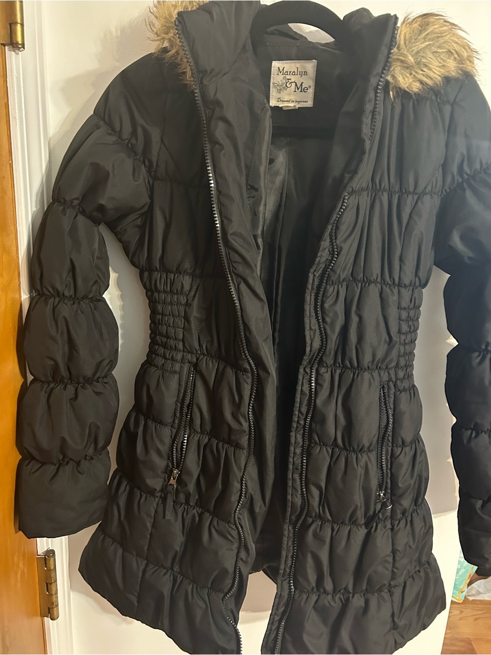Maralyn & Me Black Quilted Puffer Coat with Faux Fur Trimmed Hood